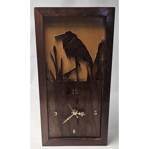 Vintage Heron Silhouette Wooden Wall Clock Battery Operated 14" x 7.25" - Picture 1 of 7